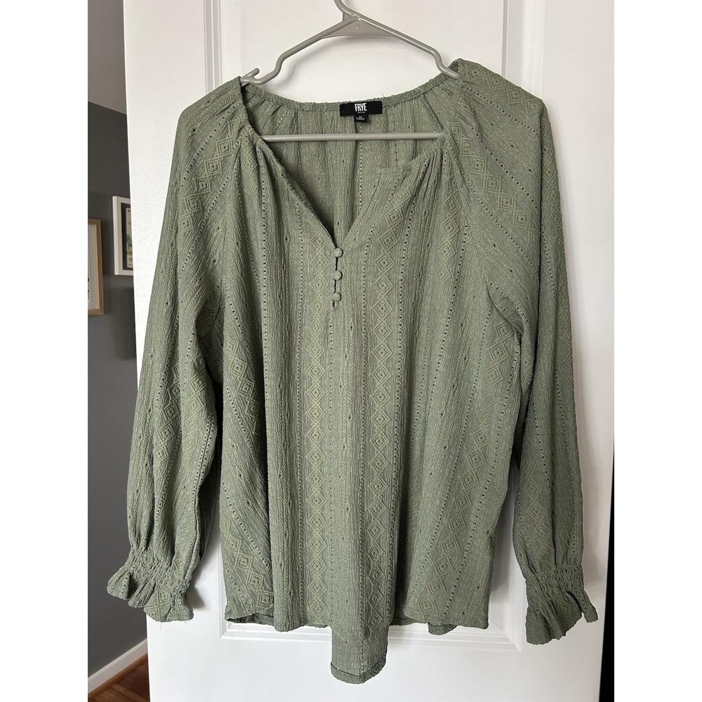 Frye Women's Sage Green Flowy Peasant Blouse Top Coastal Boho Chic Beach Size M